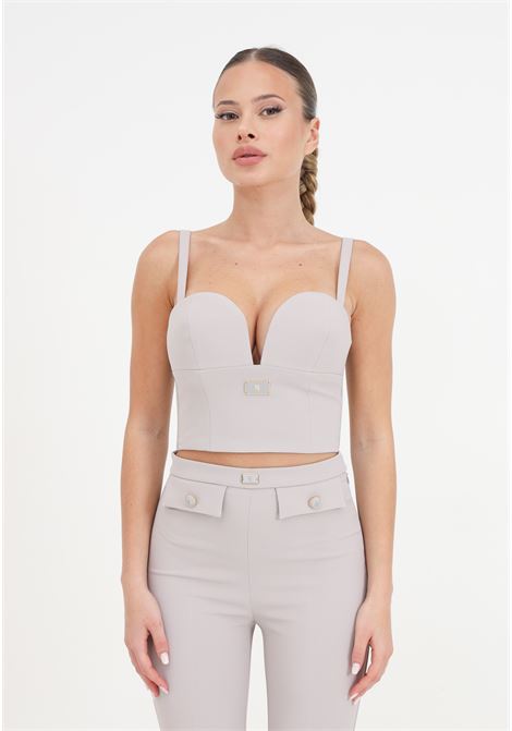 Pearl gray crepe bustier women's top with enamelled logo plaque ELISABETTA FRANCHI | TO00941E2155